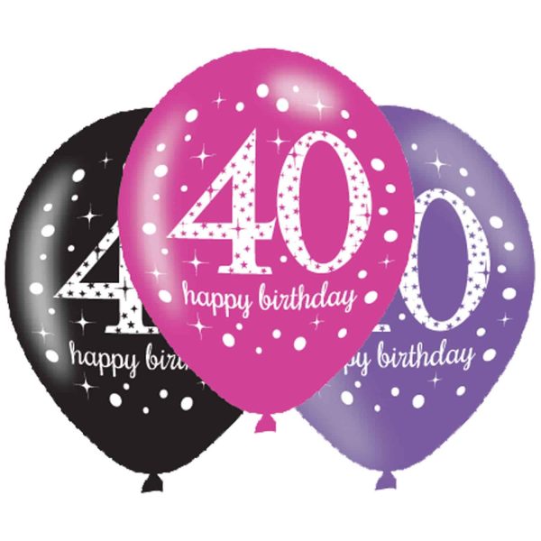 6 Balões Latex 40 anos Rosa Roxo Preto
