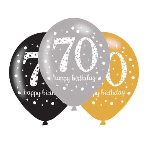 6 Balões Latex 70 anos Prata Dourado Preto