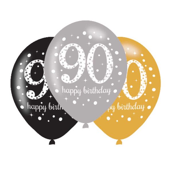 6 Balões Latex 90 anos Prata Dourado Preto