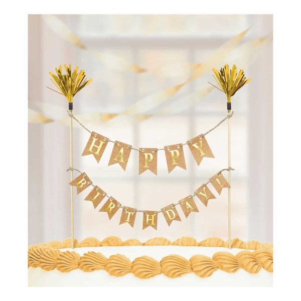 Cake Topper "Happy Birthday" Dourado - Bandeirinhas