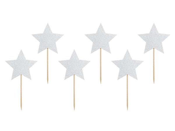 6 Cake Toppers - Estrelas Prateadas
